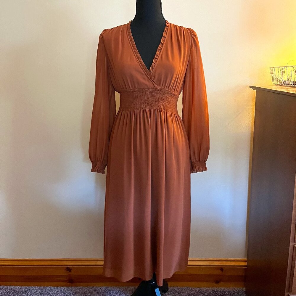 Aritzia Wilfred Burnt Orange Cinched Long Sleeve Midi Dress